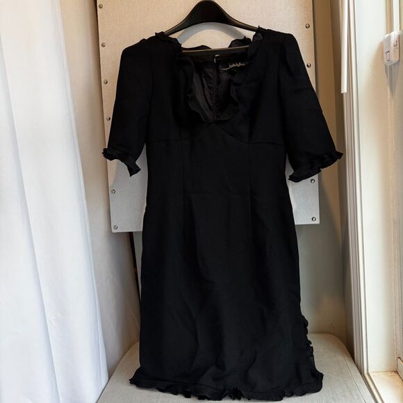 Women’s Size 4 Black Polyester Dress - Ruffled V-Neck, Slit & Sleeve, Back Zip - Picture 1 of 9